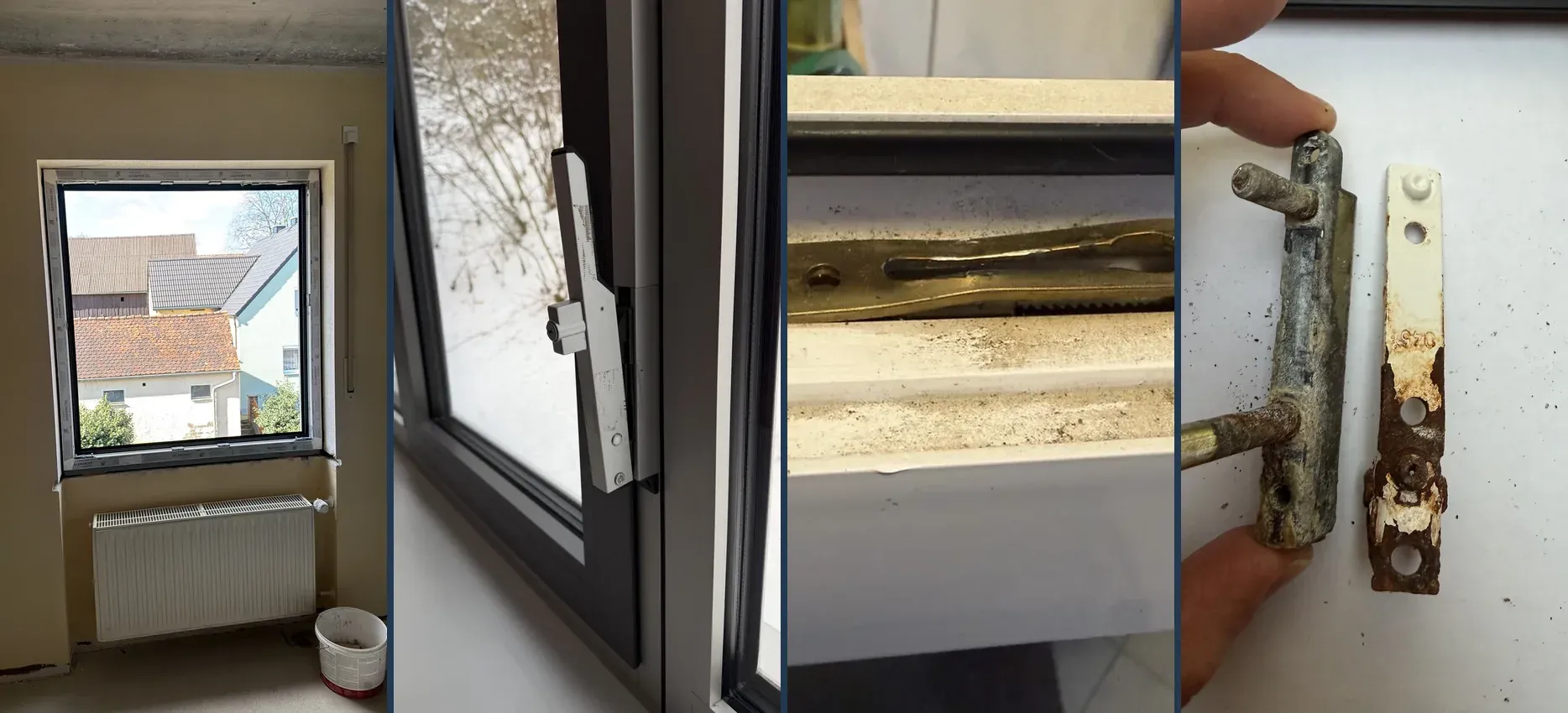 Vier Aufnahmen nebeneinander: ein eingebautes Wohnraumfenster, ein geöffneter Fensterflügel mit Beschlag, eine verschmutzte Beschlagschiene im Flügelfalz und ein korrodiertes Beschlagteil neben dem neuen Ersatzteil