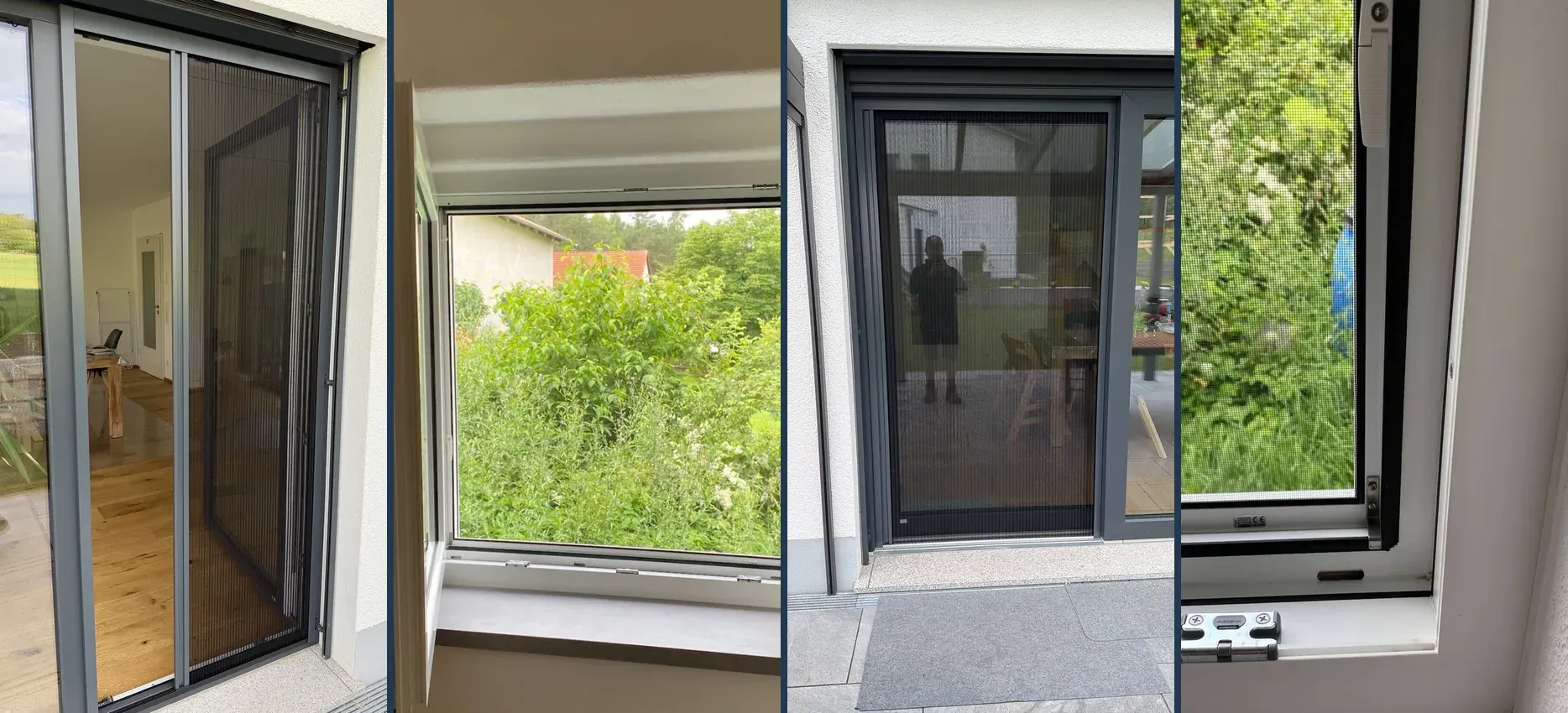 Vier Aufnahmen nebeneinander: ein Insektenschutz-Plissee an einer offenen Terrassentür, ein Spannrahmen im Fensterrahmen, eine Schiebeanlage vor einer breiten Öffnung und ein Insektenschutzrollo in der Fensterlaibung