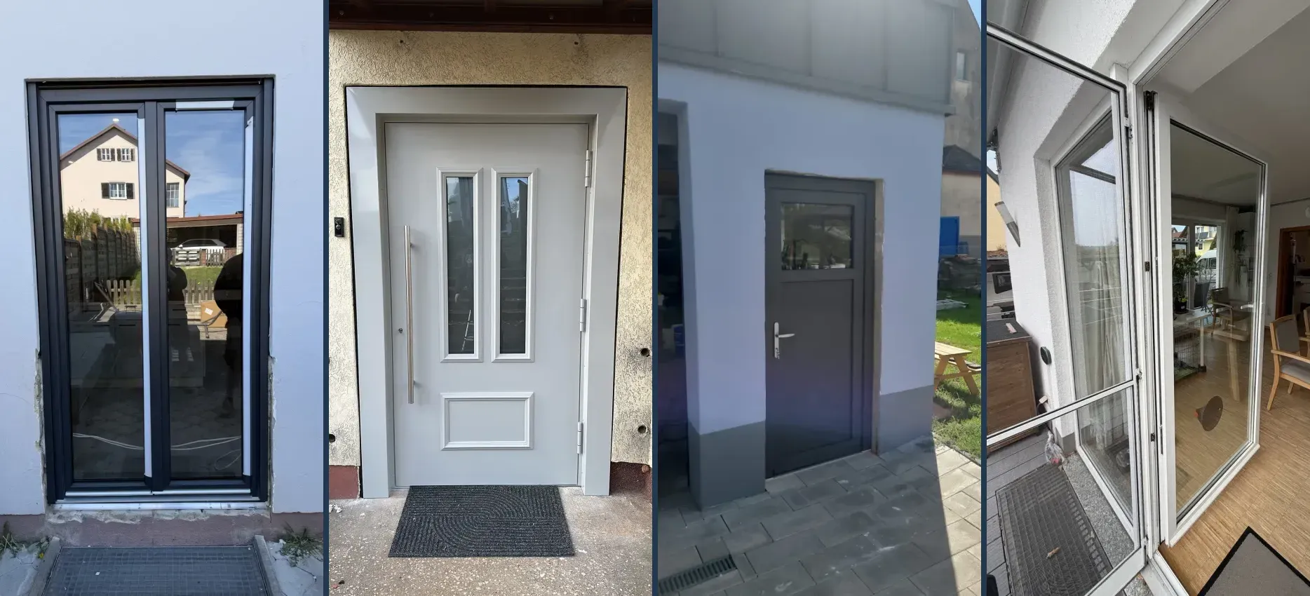 Vier Aufnahmen nebeneinander: eine Fenstertür mit anthrazitfarbenem Rahmen, eine hellgraue Haustür mit zwei Lichtausschnitten, eine anthrazitfarbene Nebeneingangstür und eine geöffnete weiße Terrassentür